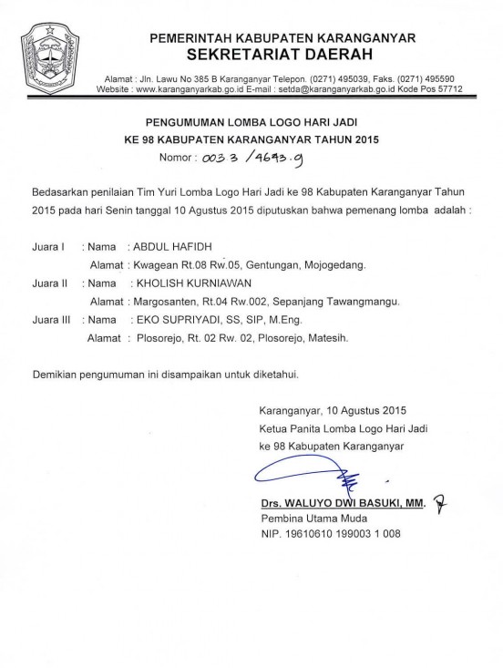 Pengumuman Pemenang Lomba Logo Hari Jadi Ke 98 Kabupaten Karanganyar Tahun 2015