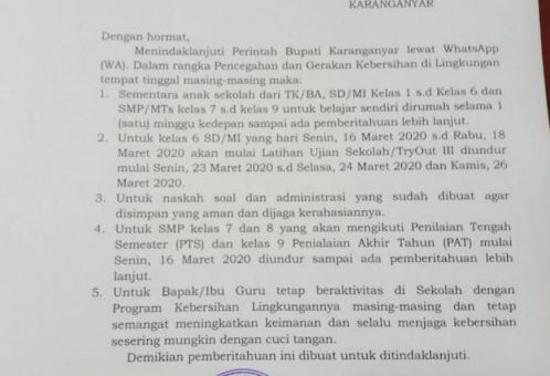 Surat Edaran Resmi Disdikbud Karanganyar Tentang Pencegahan Penyebaran Virus COVID-19
