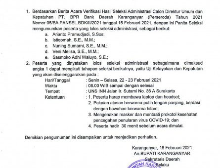 Hasil Seleksi Administrasi Seleksi Calon Direktur Umum dan Kepatuhan pada PT. BPR Bank Daerah Karanganyar (PERSERODA)