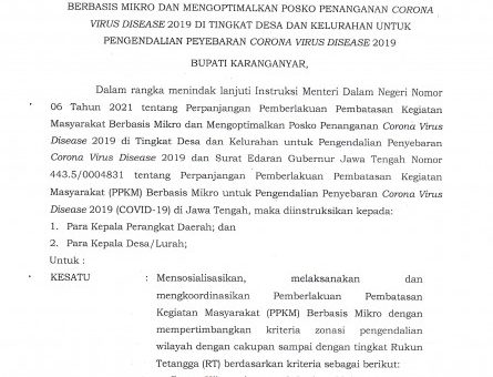 Instruksi Bupati Karanganyar Nomor 180/9 Tahun 2021