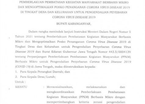 Instruksi Bupati Karanganyar Nomor 180/8 Tahun 2021