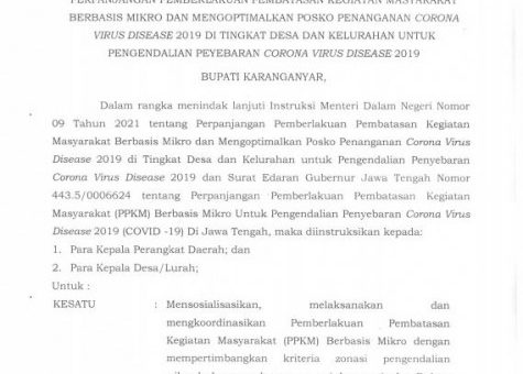 Instruksi Bupati Karanganyar Nomor 180/ 12 Tahun 2021