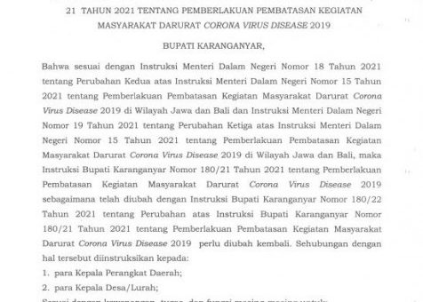 Instruksi Bupati Karanganyar Nomor 180/ 23 Tahun 2021