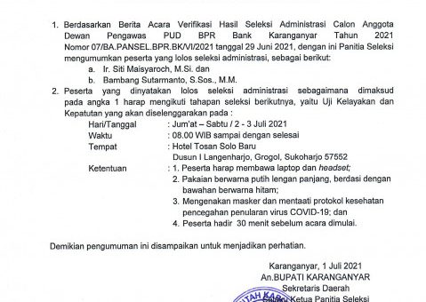 Hasil Seleksi Administrasi Seleksi Calon Anggota Dewan Pengawas Pada PUD BPR Bank Karanganyar Tahun 2021