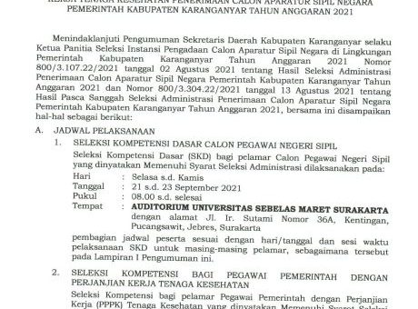 Pengumuman Pelaksanaan Seleksi Kompetensi Dasar CPNS dan PPPK Kabupaten Karanganyar Tahun 2021