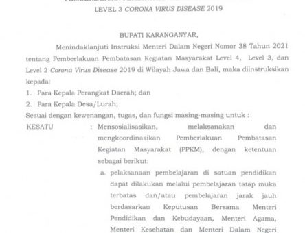 Intruksi Bupati Karanganyar Nomor 180/34 Tahun 2021 Tentang Pemberlakuan Pembatasan Kegiatan Masyarakat Level 3 Corona Virus Disease 2019