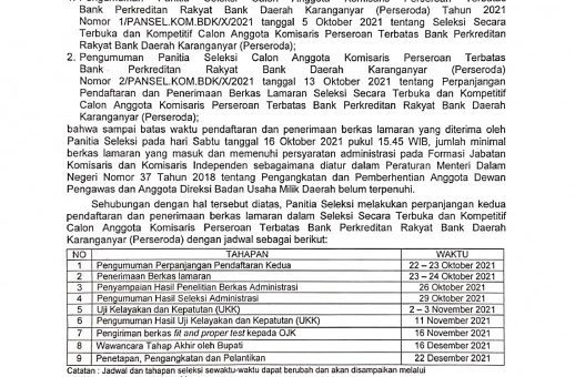 PERPANJANGAN KEDUA PENDAFTARAN DAN PENERIMAAN BERKAS LAMARAN SELEKSI SECARA TERBUKA DAN KOMPETITIF CALON ANGGOTA KOMISARIS PADA PERSEROAN TERBATAS BANK PERKREDITAN RAKYAT BANK DAERAH KARANGANYAR (PERSERODA) TAHUN 2021