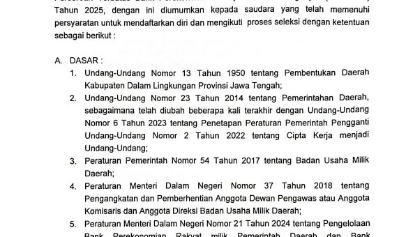 PENGUMUMAN CALON DIREKTUR YANG MEMBAWAHKAN FUNGSI KEPATUHAN PADA PERSEROAN TERBATAS BANK PEREKONOMIAN RAKYAT BANK KARANGANYAR (PERSERODA) TAHUN 2025
