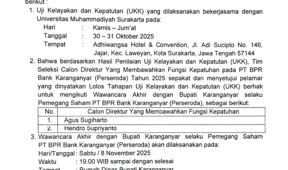 Pengumuman Penetapan Hasil Uji Kelayakan dan Kepatutan Seleksi Calon Direktur Yang Membawakn Fungsi Kepatuhan Pada PT BPR Bank Karanganyar (Perseroan) 