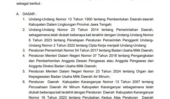 PENGUMUMAN SELEKSI CALON DIREKSI PERUSAHAAN UMUM DAERAH AIR MINUM TIRTA LAWU KARANGANYAR TAHUN 2026