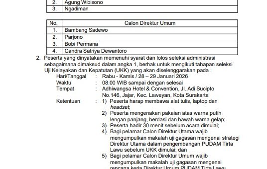 PENGUMUMAN HASIL SELEKSI ADMINISTRASI SELEKSI CALON DIREKSI PUDAM TIRTA LAWU TAHUN 2026
