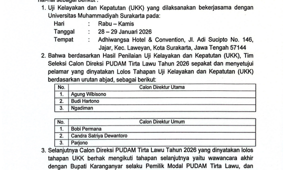 PENGUMUMAN PENETAPAN HASIL UJI KELAYAKAN DAN KEPATUTAN SELEKSI CALON DIREKSI PUDAM TIRTA LAWU