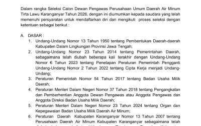 Pengumuman Seleksi Calon Dewan Pengawas Perusahaan Umum Daerah Air Minum Tirta Lawu Karanganyar Tahun 2026