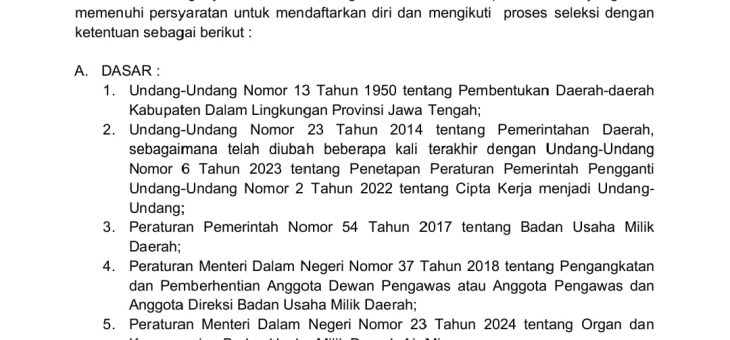 Pengumuman Seleksi Calon Dewan Pengawas Perusahaan Umum Daerah Air Minum Tirta Lawu Karanganyar Tahun 2026