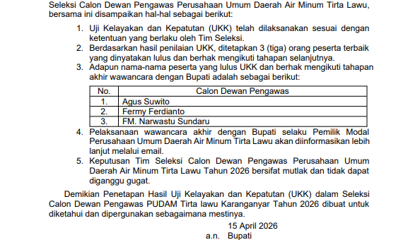 Penetapan Hasil Uji Kelayakan dan Kepatutan Seleksi Calon Dewan Pengawas Perusahaan Umum Daerah Air Minum Tirta Lawu Tahun 2026